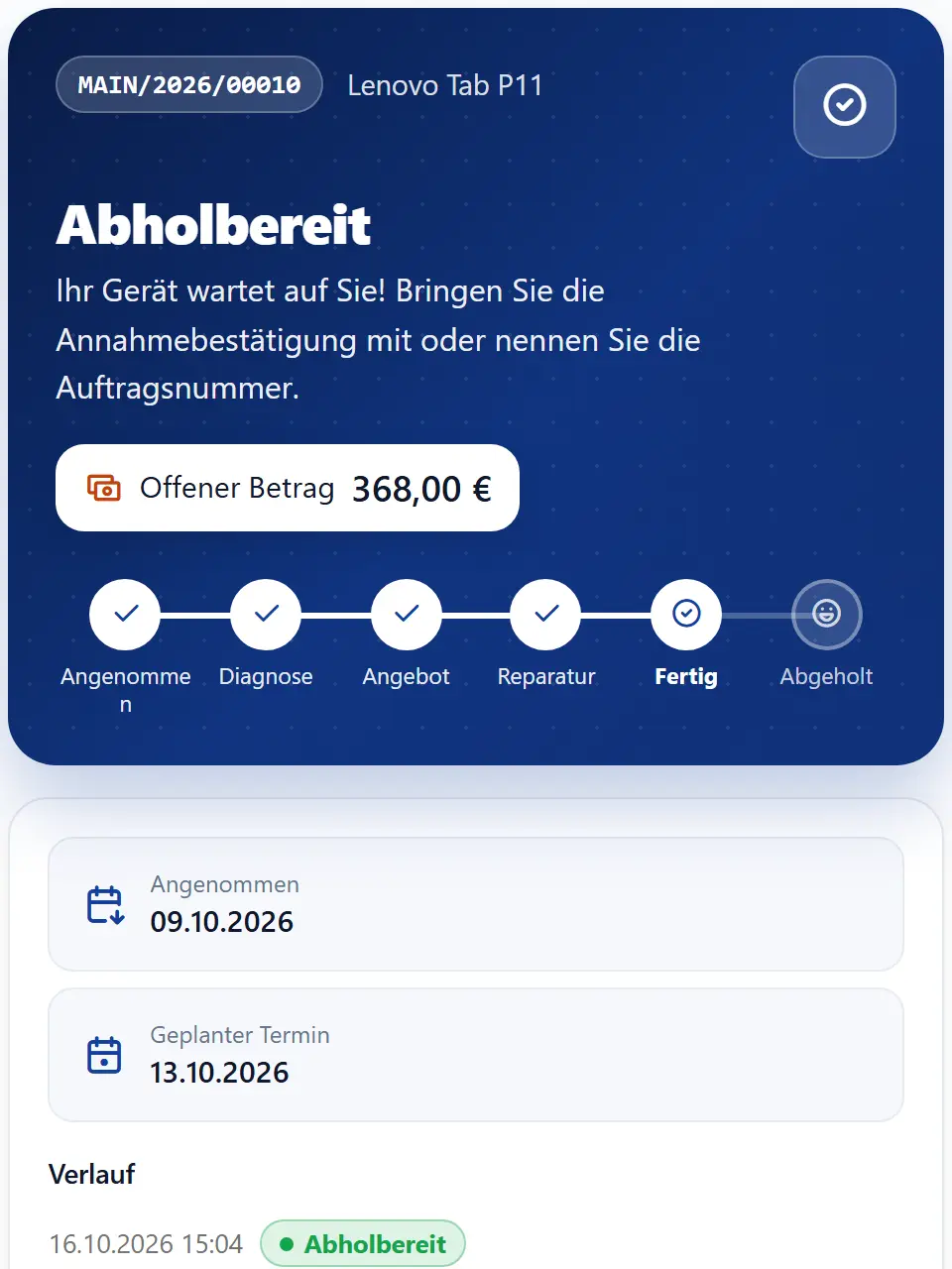 Reparaturstatus auf dem Handy des Kunden