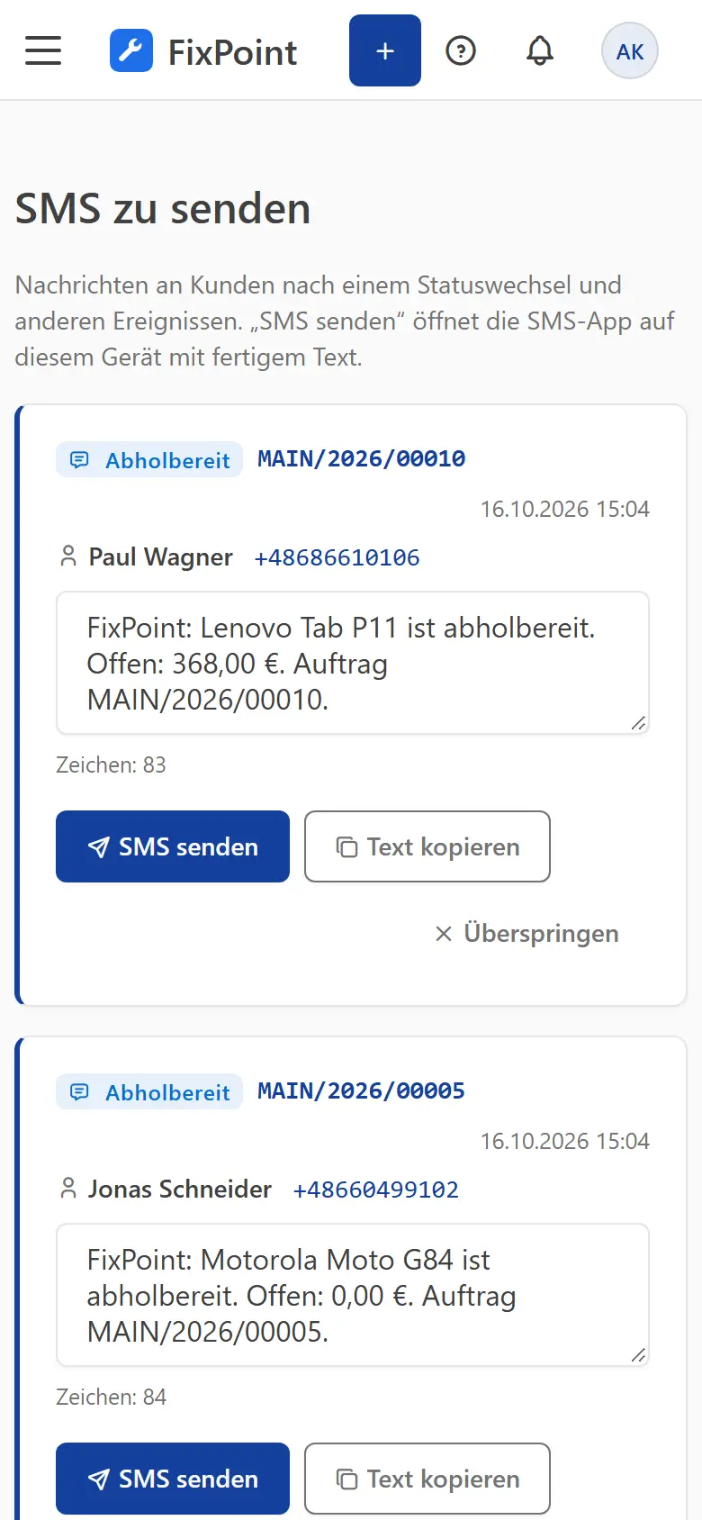 Liste der zu sendenden SMS auf einem Handybildschirm