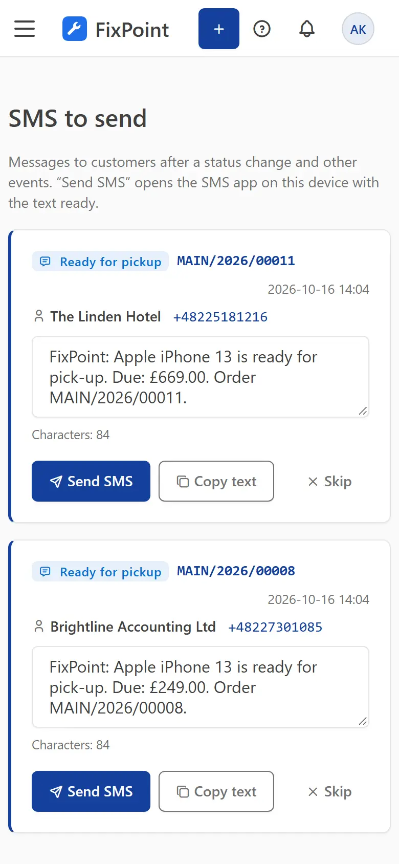 List of text messages to send on a phone screen