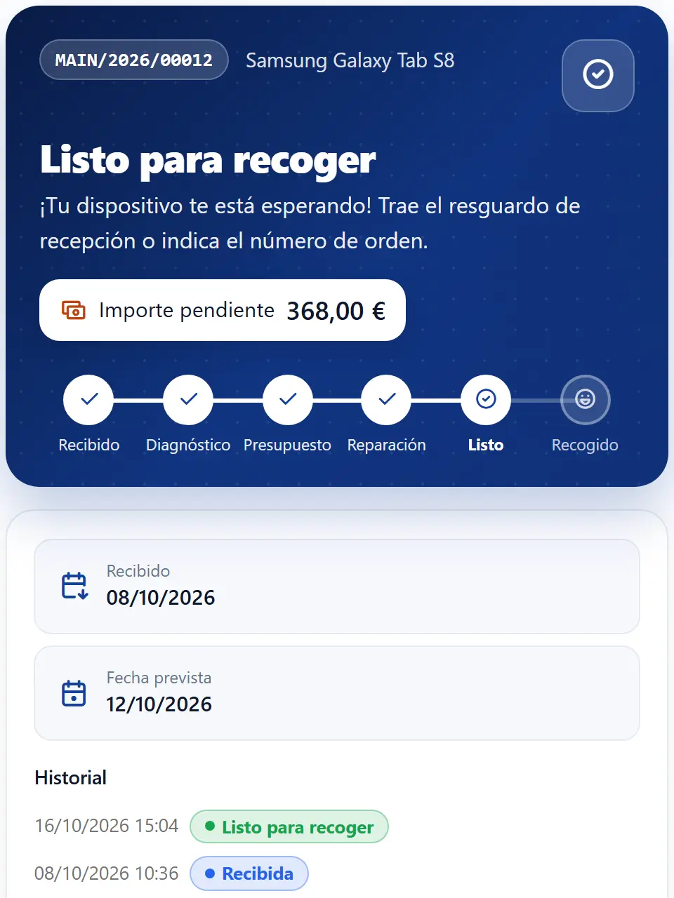 Página de estado de la reparación en el móvil del cliente