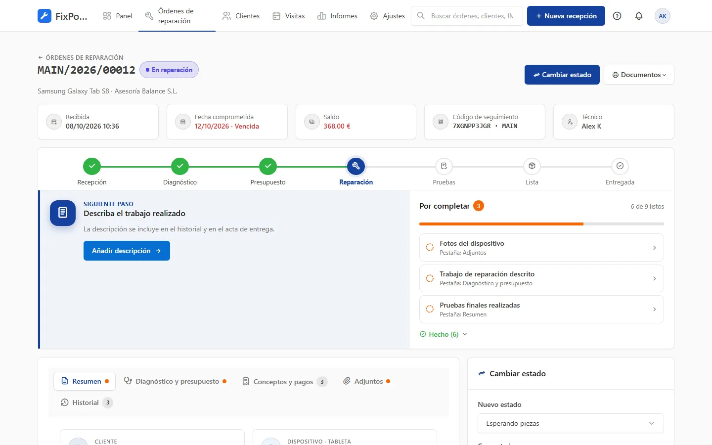 Ficha de una orden en la aplicación del taller
