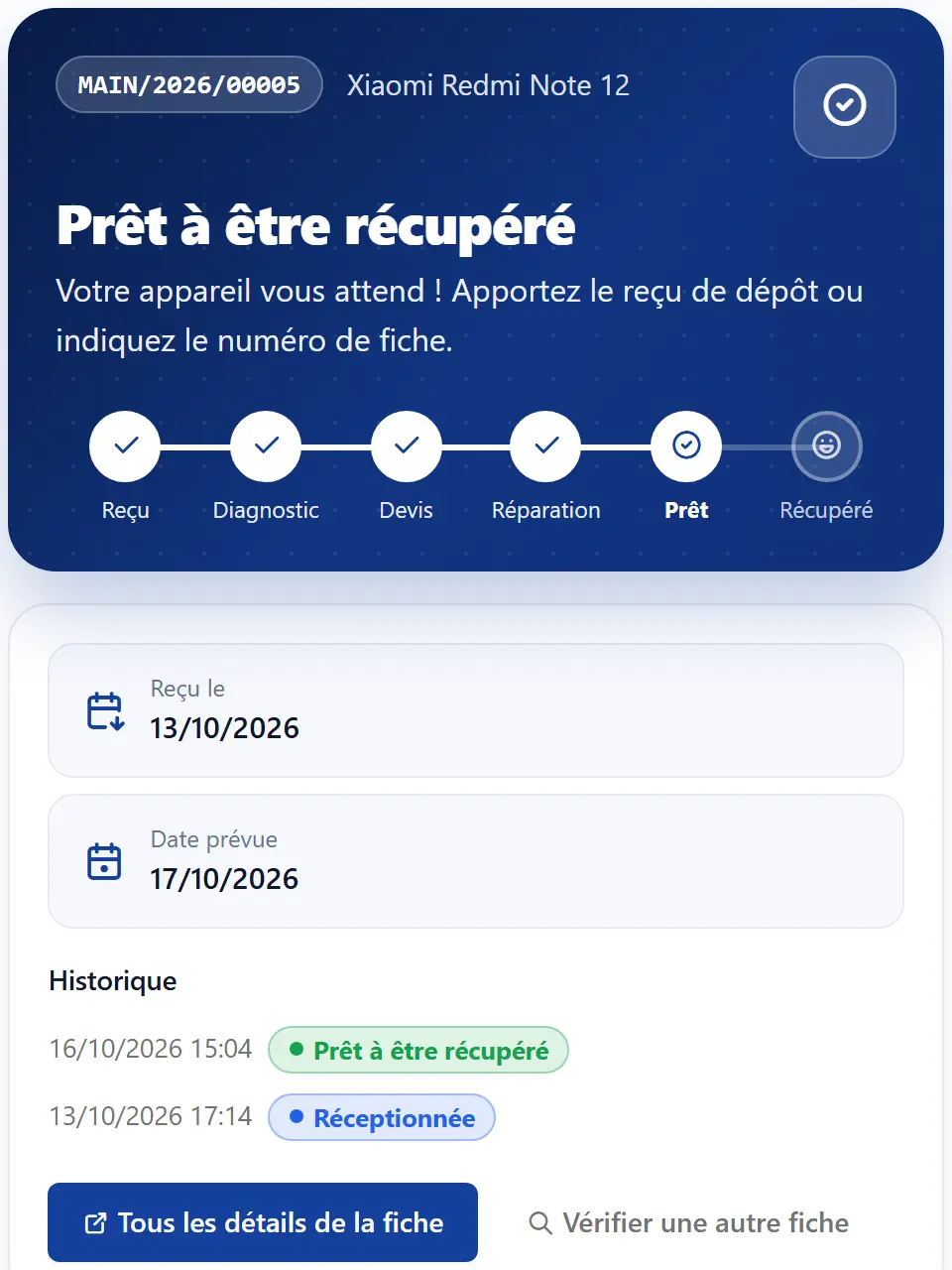 Widget de suivi de réparation intégré au site d’un atelier