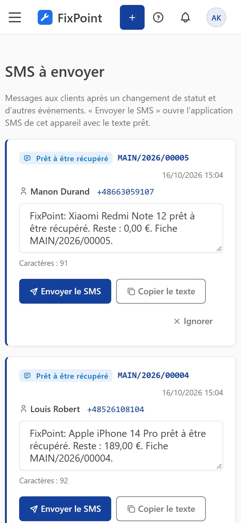 Liste des SMS à envoyer sur l’écran d’un téléphone