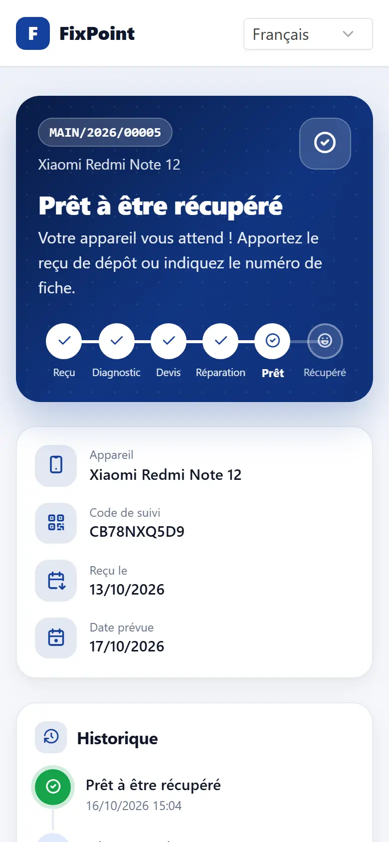 Page de suivi de réparation sur le téléphone du client