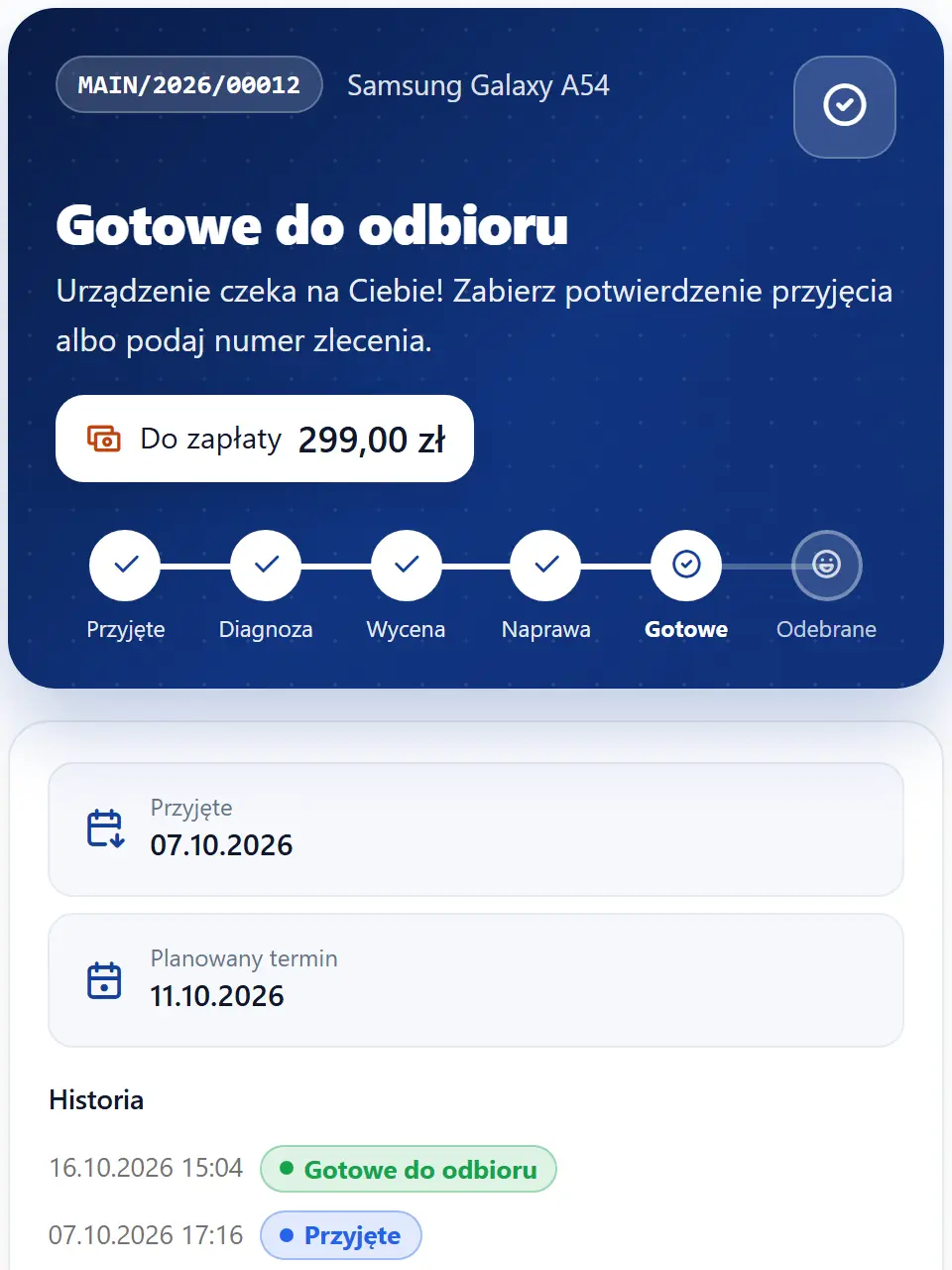 Strona statusu naprawy na telefonie klienta