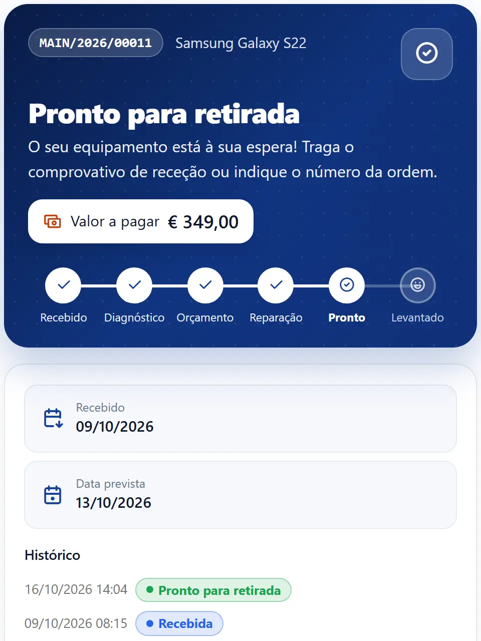 Página de status do reparo no celular do cliente